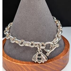 Vintage 925 Sterling Silver Rolo Link Bumble Bee Charm Toggle Clasp Bracelet